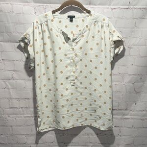 Ann Taylor Off-White Blouse with Tan Polka Dots Short Sleeve Lightweight Woman S
